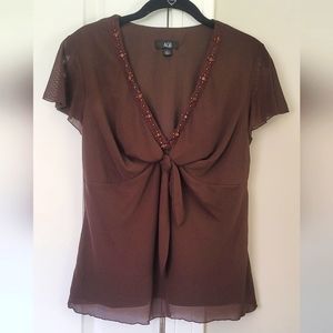 ACB Brown V-Neck Flouncy Blouse with Tie Front and Cap Sleeves